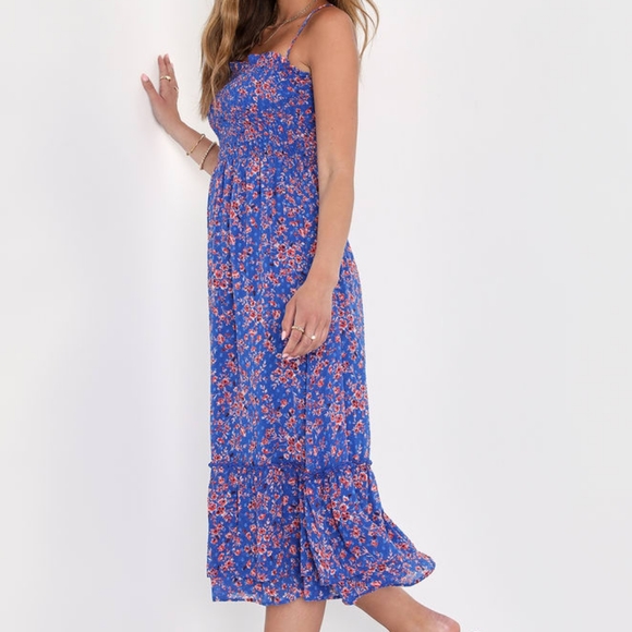 NWOT Lulu's Precious Personality Blue Floral Smocked Backless Midi Dress - Picture 3 of 12